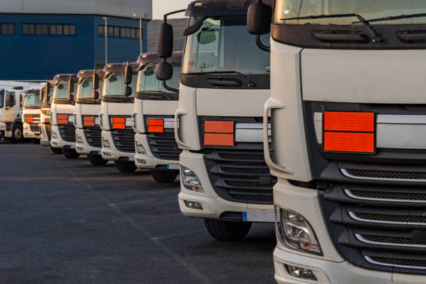 Fleet of trucks dedicated to the transport of dangerous goods parked in a line.